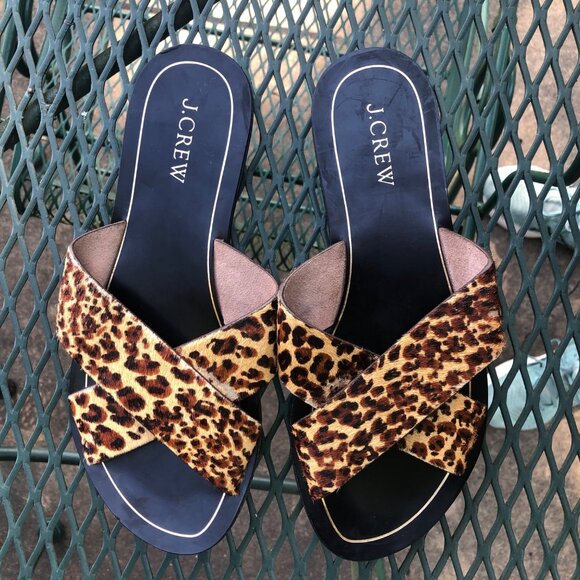J Crew Leopard Print Cross Strap Sandals Size 7 Leather Slides Flip Flops NOTE - Picture 2 of 16